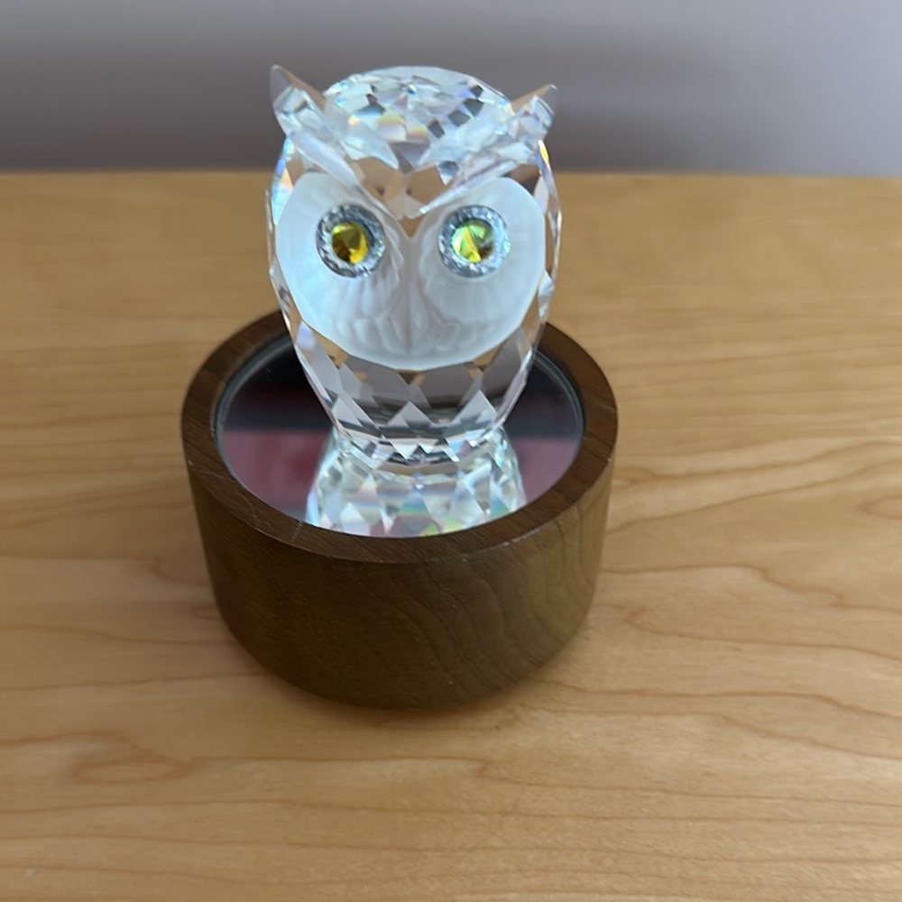 Crystal Owl Figurine on Wooden Base